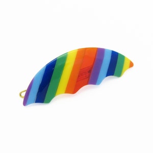 1980's vintage hair clip, 2.4" RAINBOW stripe acrylic UMBRELLA barrette, new-old-stock, tige boule wire clasp, rainbow barrette