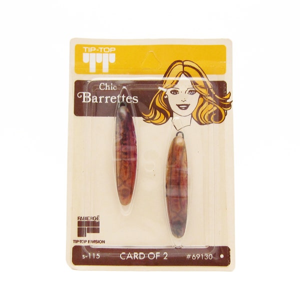 1970's TIP-TOP vintage barrettes PAIR, 2" translucent faux tortoiseshell plastic hair clips, new-in-package, wire clasp, for fine hair