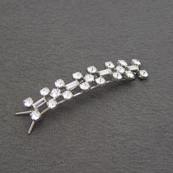 1960's KRAMER of NEW YORK vintage hair clip, 2.8" silver-tone metal checkerboard barrette w/ Swarovski crystal rhinestones, pinch wire clasp