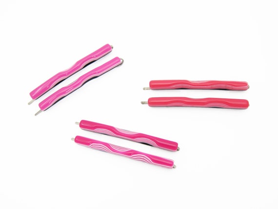 80's vintage bobby pins, pink & red wavy carved ac