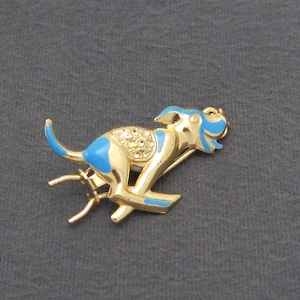 1940&#39;s vintage hair clip, 1.5&quot; gold tone stamped brass DOG barrette w/ blue enamel accents, pinch-wire clasp, dog lover gift