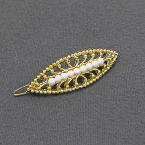 1970&#39;s vintage barrette, 2.1&quot; gold-plated plastic openwork hair clip w/ white bead accents, new-old-stock, wire clasp