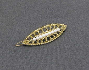 1970's vintage barrette, 2.1" gold-plated plastic openwork hair clip w/ white bead accents, new-old-stock, wire clasp