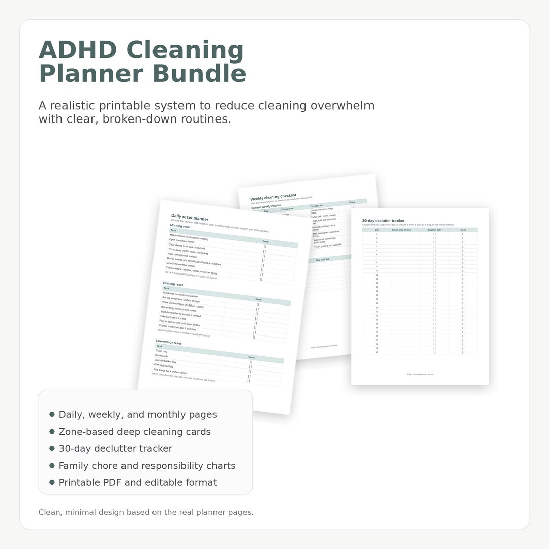 ADHD Cleaning Planner Bundle Pdf, Home Cleaning Schedule, Weekly