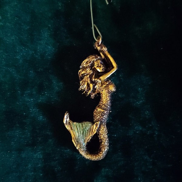 Fun Christmas ornament 4" mermaid that can be worn as a pendant! Hand made for your inner mermaid! Gold shimmery mermaid with turquoise fin!