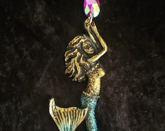 Beautiful 4&quot; mermaid pendant! Hand made for your inner mermaid or the mermaid in your life! Turquoise and gold shimmery mermaid necklace