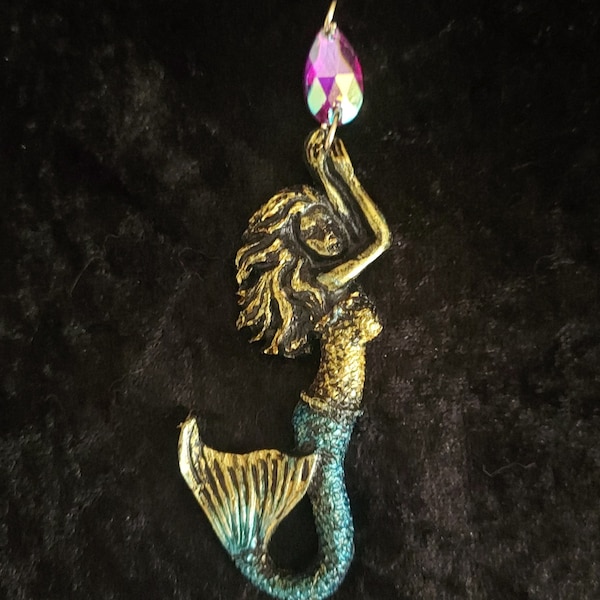 Beautiful 4" mermaid pendant! Hand made for your inner mermaid or the mermaid in your life! Turquoise and gold shimmery mermaid necklace