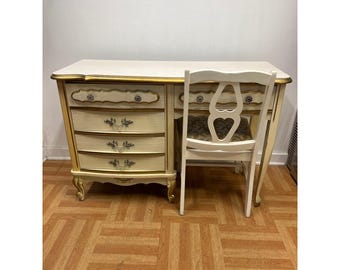 Vintage French Provincial Desk and Chair Set Furniture Gold Trim Cream Sears
