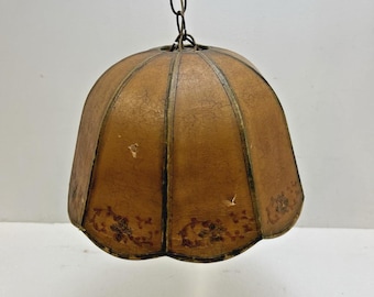 Vintage Art Nouveau Hanging Ceiling Lamp Metal Pendant Light Fixture 1930s Brown w/ Cardstock Shade early lighting