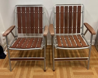 Vintage REDWOOD FOLDING CHAIR Pair Aluminum lawn mid century modern metal wood 2