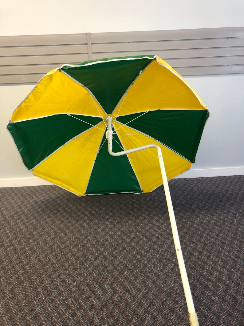 Mid Century Modern BEACH UMBRELLA Green Yellow White hippie vintage 60s 70s metal retro vinyl table attachment