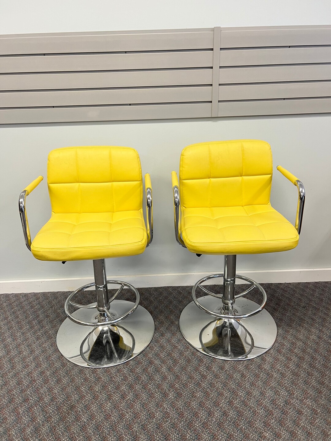 Yellow BAR STOOL PAIR Chrome Metal Counter Chair Swivel Vintage Mid Century Set Retro Kitchen