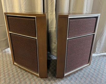 Vintage Speaker Pair mid century modern wood cabinet case floor 70s ge stereo console living room furniture hallway corner set lot wooden