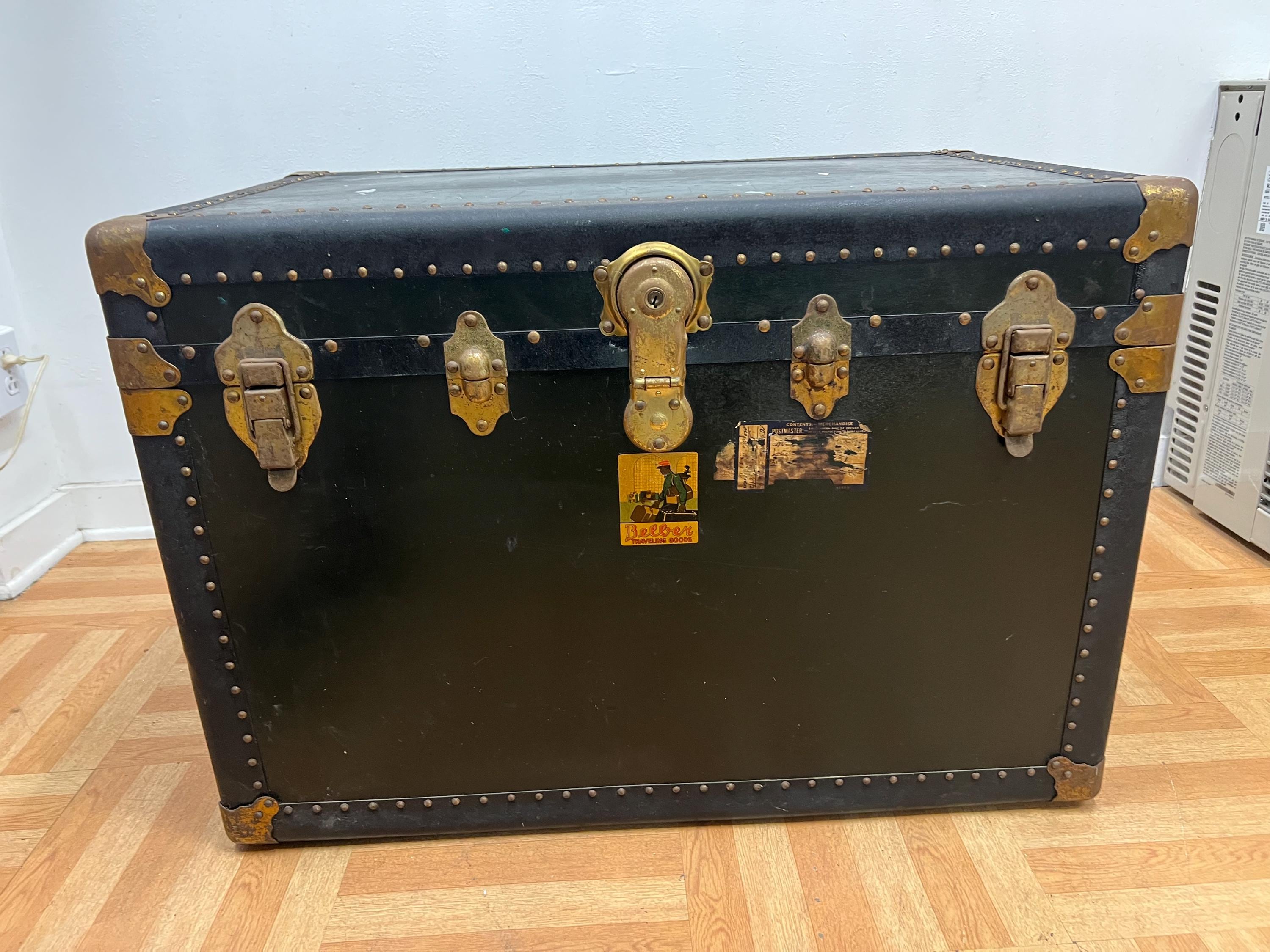 Vintage STEAMER TRUNK storage chest train luggage black BELBER vulcanized antique flat top wood toy box coffee table distressed cabin decor