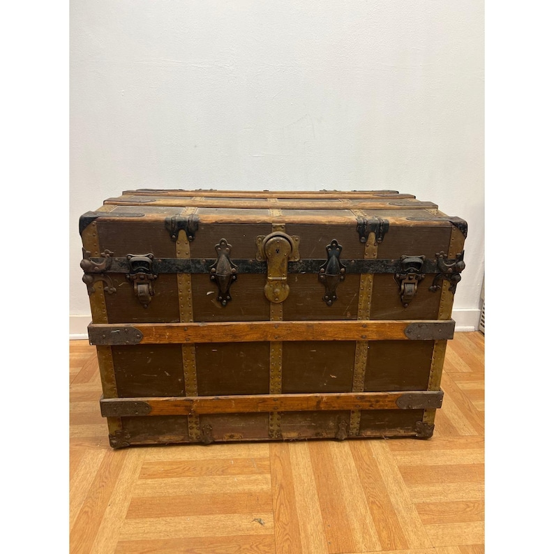 Vintage WOOD STEAMER TRUNK chest coffee table storage box antique brown tv stand 画像 1