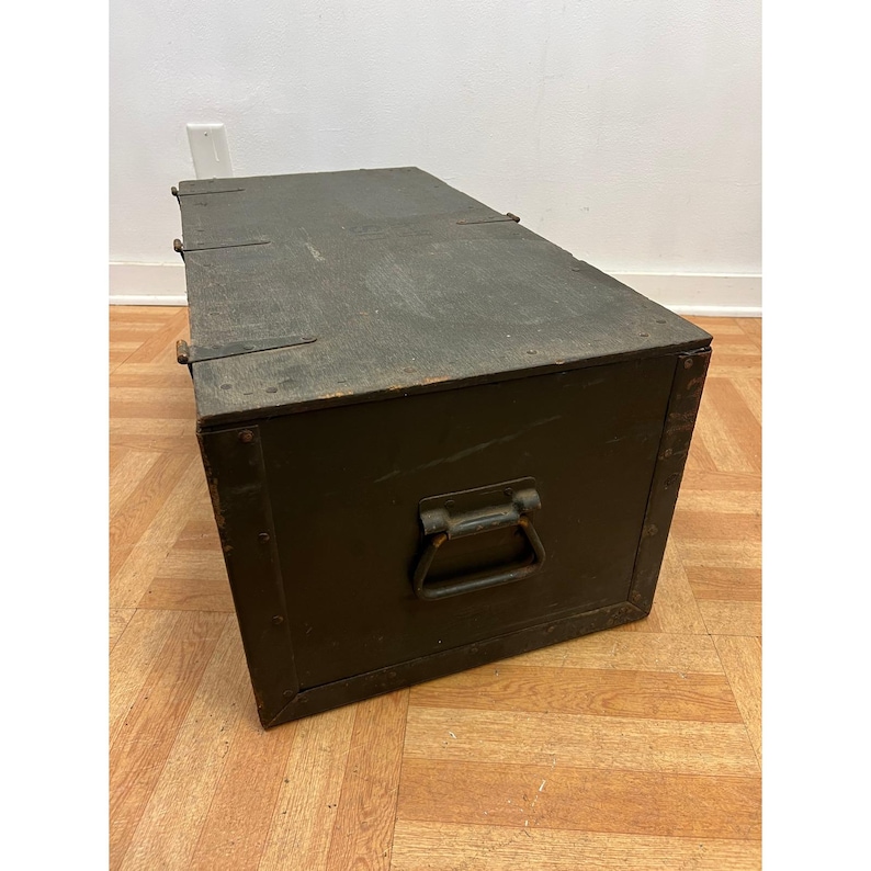 Vintage Military FOOT LOCKER Wood Trunk chest storage green box army US soldier afbeelding 10