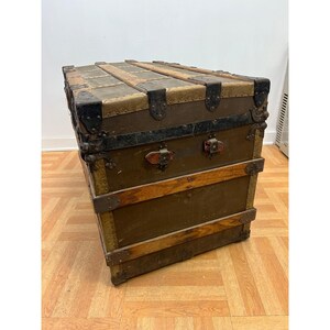 Vintage WOOD STEAMER TRUNK chest coffee table storage box antique brown tv stand 画像 4