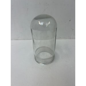 May include: A clear, cylindrical glass light fixture cover with a rounded, dome-shaped top. The base of the glass shade features a series of horizontal, raised ridges designed for threading into a corresponding light fixture socket.
