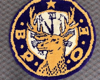 Vintage BPOE Elks Lodge Latch Hook Rug Tapestry Wall Art Shag Decor mason purple gold round hooked fraternity brotherhood lodge decor