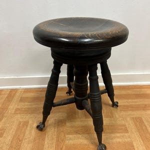 Antique PIANO STOOL ball claw foot wooden shabby glass clawfeet vintage chic round wood seat victorian old carved stand brown