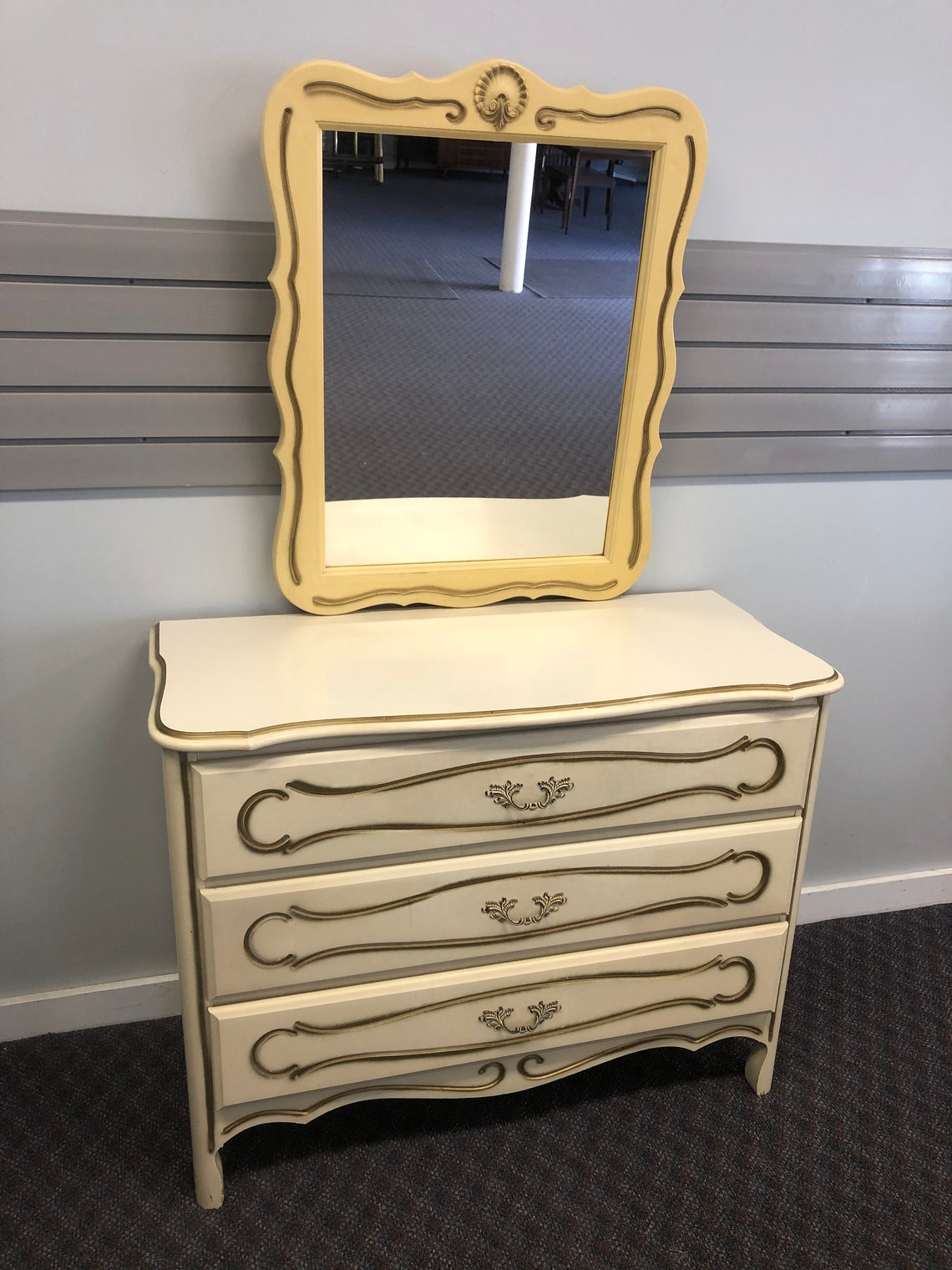 Vintage WOOD DRESSER & MIRROR French Provincial White Gold Etsy