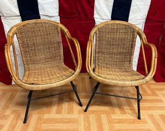 Vintage BAMBOO CHAIR PAIR Mid Century Modern wicker set Paul McCobb Calif-Asia 2 leg 50s/60s bentwood tiki side accent living room base mcm