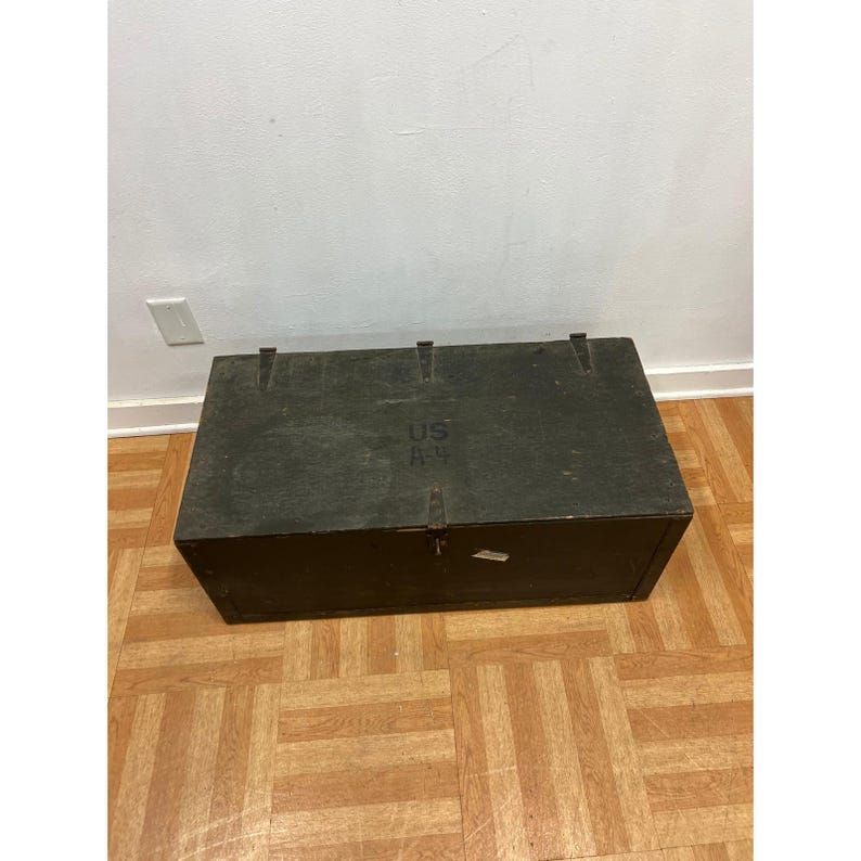 Vintage Military FOOT LOCKER Wood Trunk chest storage green box army US soldier afbeelding 2