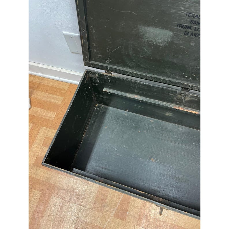 Vintage Military FOOT LOCKER Wood Trunk chest storage green box army US soldier afbeelding 17