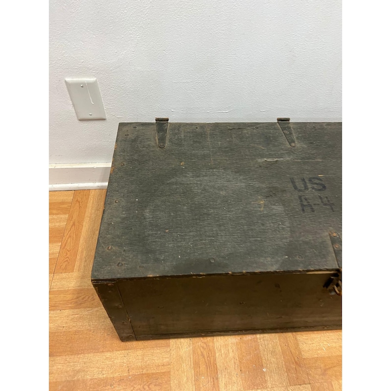 Vintage Military FOOT LOCKER Wood Trunk chest storage green box army US soldier afbeelding 3
