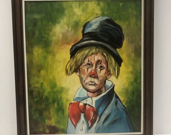 Vintage CLOWN IMPRESSIONIST PAINTING oil framed signed portrait wall art mid century modern 60s green canvas nursery childrens