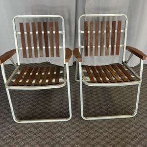 Vintage Aluminum REDWOOD LAWN CHAIR Set - Folding lounge pool patio pair slat wood 60s 70s mid century modern lot wooden