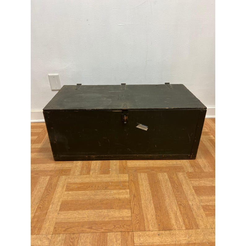 Vintage Military FOOT LOCKER Wood Trunk chest storage green box army US soldier afbeelding 1