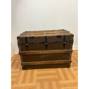 Vintage WOOD STEAMER TRUNK chest coffee table storage box antique brown tv stand 画像 5