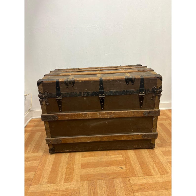 Vintage WOOD STEAMER TRUNK chest coffee table storage box antique brown tv stand 画像 5
