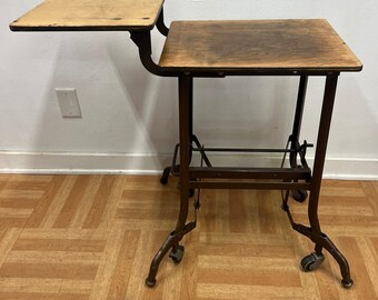 Vintage UHL Toledo Typewriter Table Industrial Metal Wood Drop Leaf Stand Steel