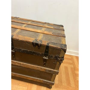 Vintage WOOD STEAMER TRUNK chest coffee table storage box antique brown tv stand 画像 6