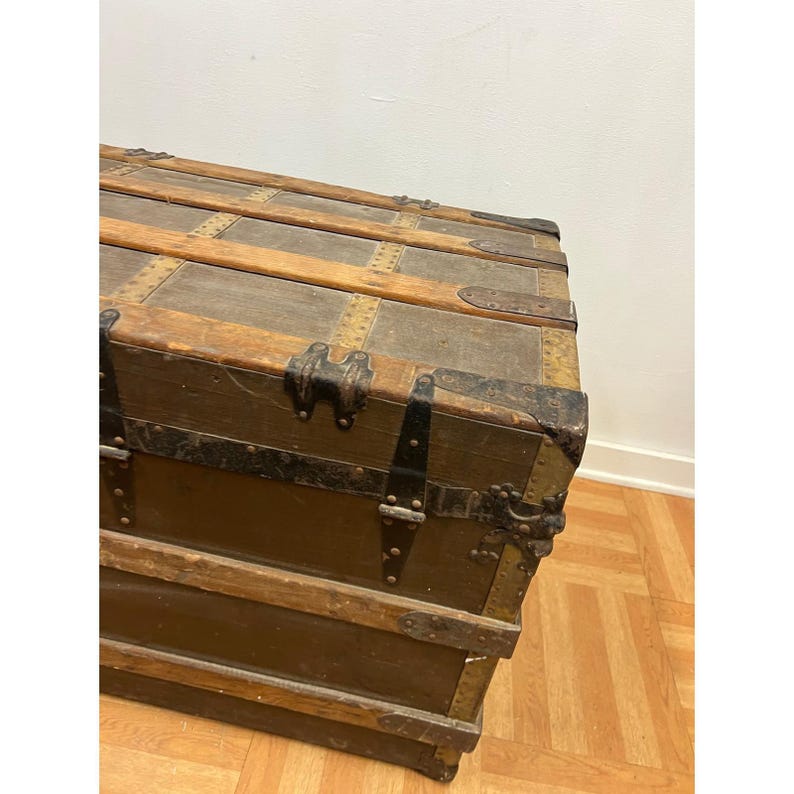 Vintage WOOD STEAMER TRUNK chest coffee table storage box antique brown tv stand 画像 6
