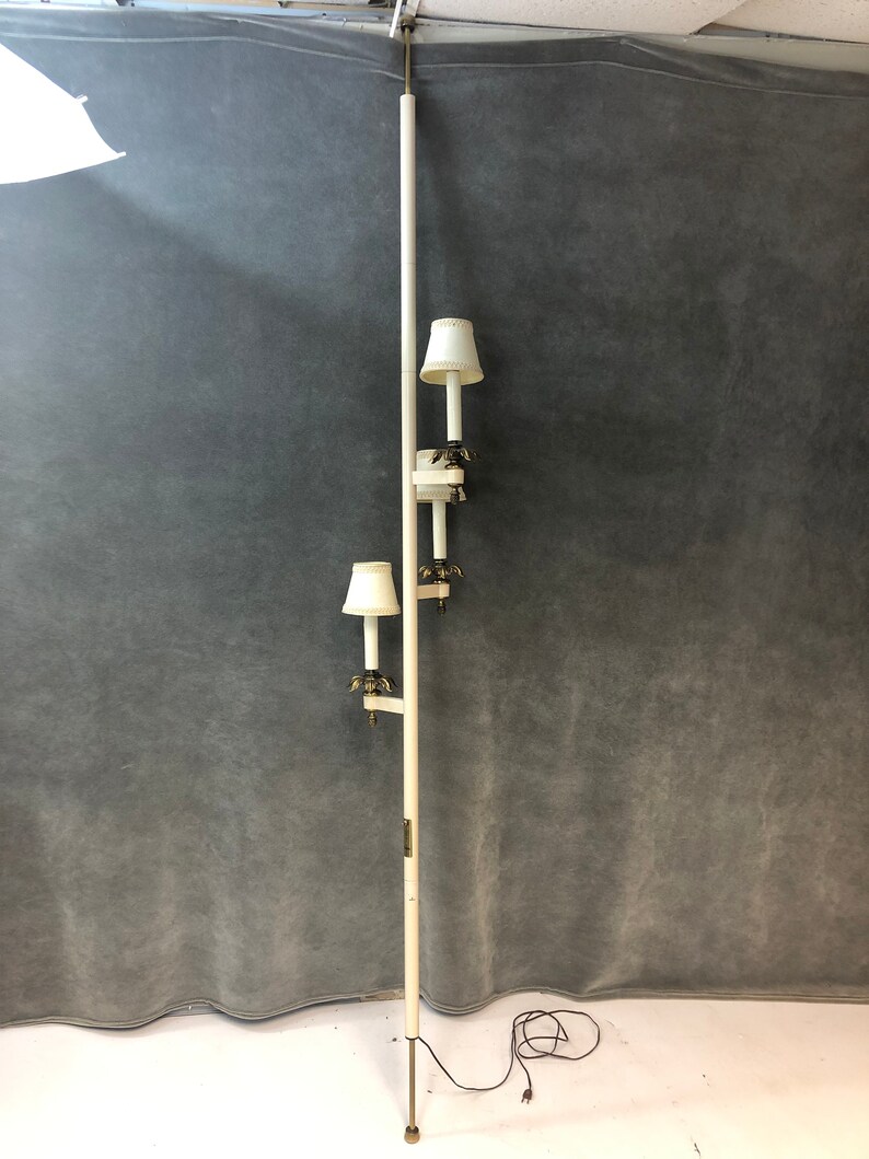 Vintage 60s Tension Pole Floor Lamp Stiffel Mid Century Hollywood Regency White Gold Modern Light Retro Spring Loaded 70s