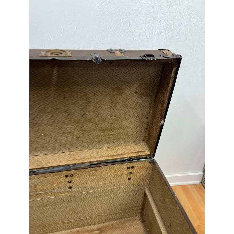 Vintage WOOD STEAMER TRUNK chest coffee table storage box antique brown tv stand 画像 12