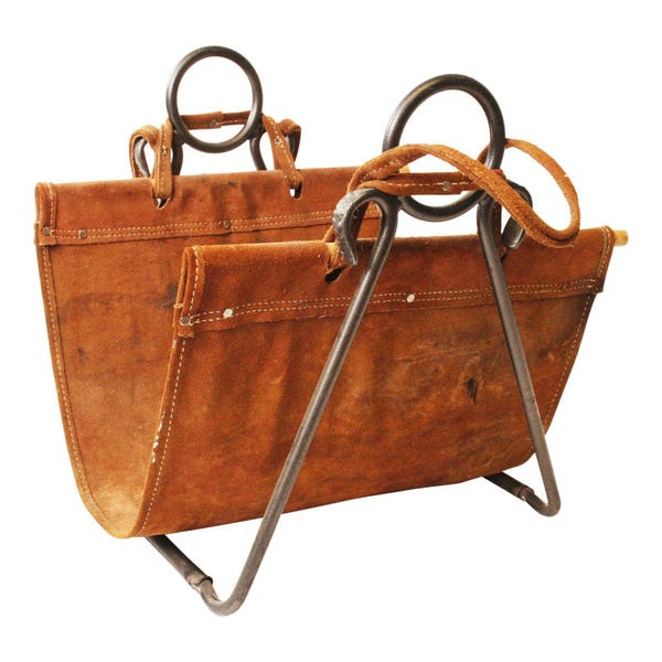 Vintage LEATHER LOG HOLDER Wrought Iron Stand carrier rack metal arts & crafts removable wood holder metal