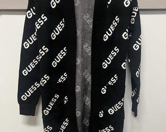 Guess Knit Cardigan Black White Spell Out All Over WOMENS SMALL sweater viscose