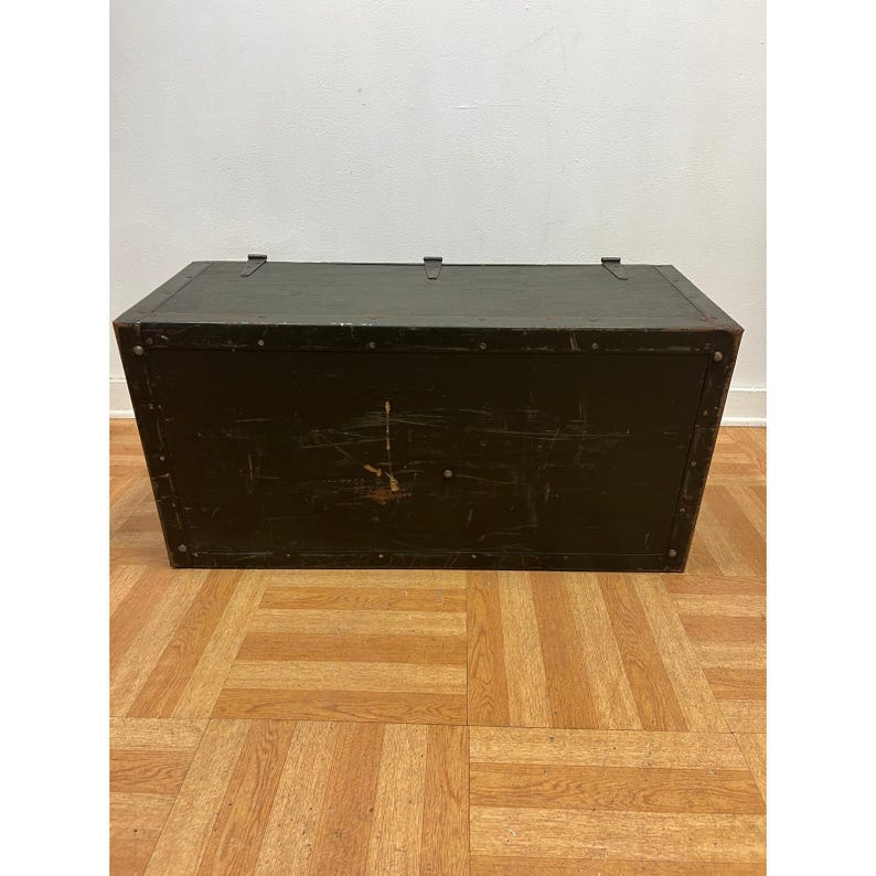 Vintage Military FOOT LOCKER Wood Trunk chest storage green box army US soldier afbeelding 11