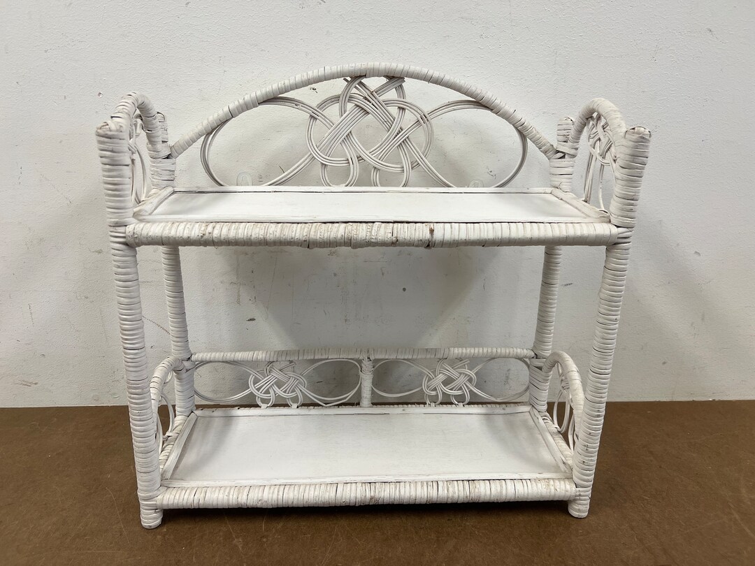 Vintage White WICKER WALL SHELF Hanging Fixture Bathroom Bookshelf Mid
