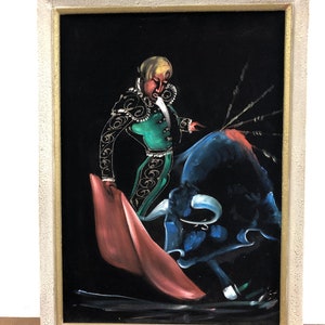 Vintage VELVET PAINTING Black Matador Mid Century Modern Canvas
