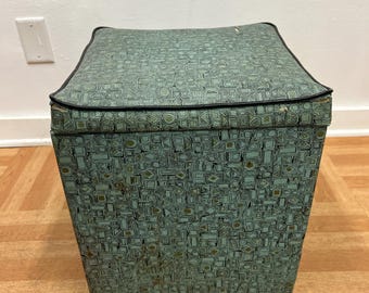 Vintage Mid Century Modern Hassock Stool Vinyl Record Storage Ottoman Teal Blue 1950s 50s retro lp album