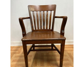 Vintage Solid Oak Banker Chair Mission Slatted Back Office Armchair Antique