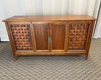 Mid Century Modern RECORD CONSOLE credenza radio 60s stereo sideboard am fm living room furniture hallway entryway as is repair project mcm