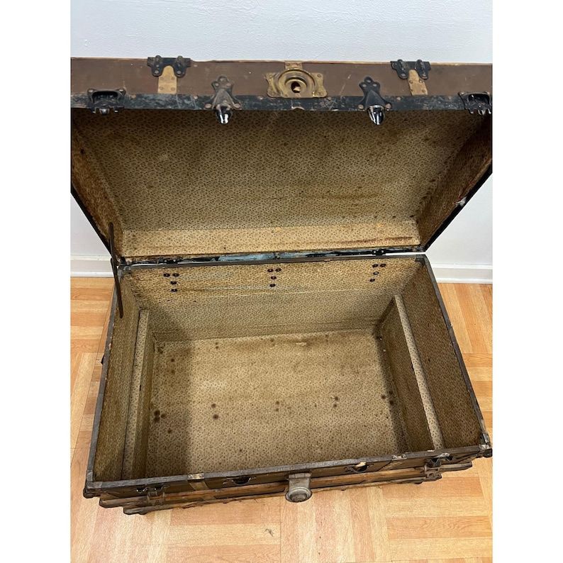 Vintage WOOD STEAMER TRUNK chest coffee table storage box antique brown tv stand 画像 14