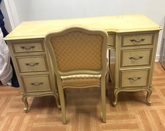 French Provincial Vanity & Chair DREXEL Touraine vintage wood desk country 1970s