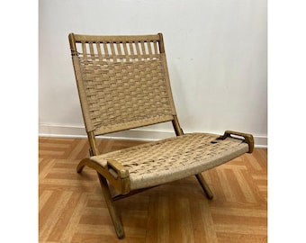 Vintage Folding Lounge Chair  Hans Wegner Mid Century Modern Wood Woven Rope 60s